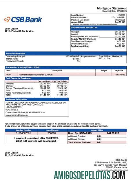 imprimível Modelo Word e PDF de declaração de hipoteca do banco CSB da Índia